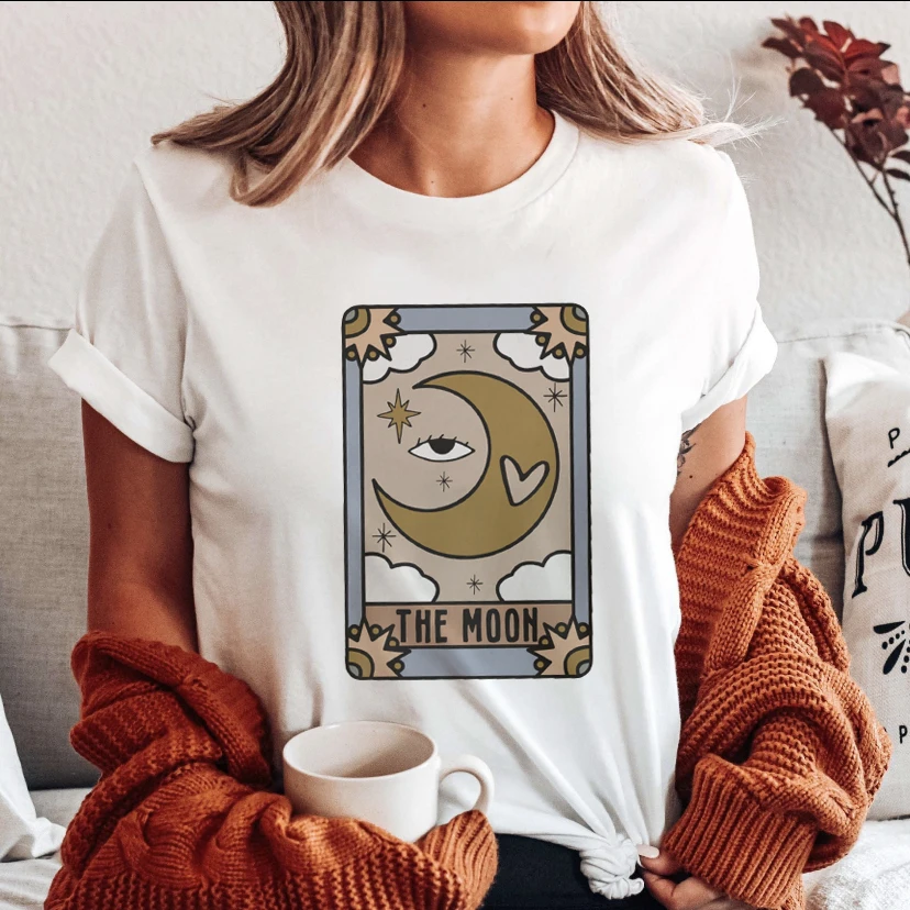 

Женские летние футболки с коротким рукавом и принтом лунного Таро, модные женские футболки, топ, женская футболка с графическим принтом, жен...