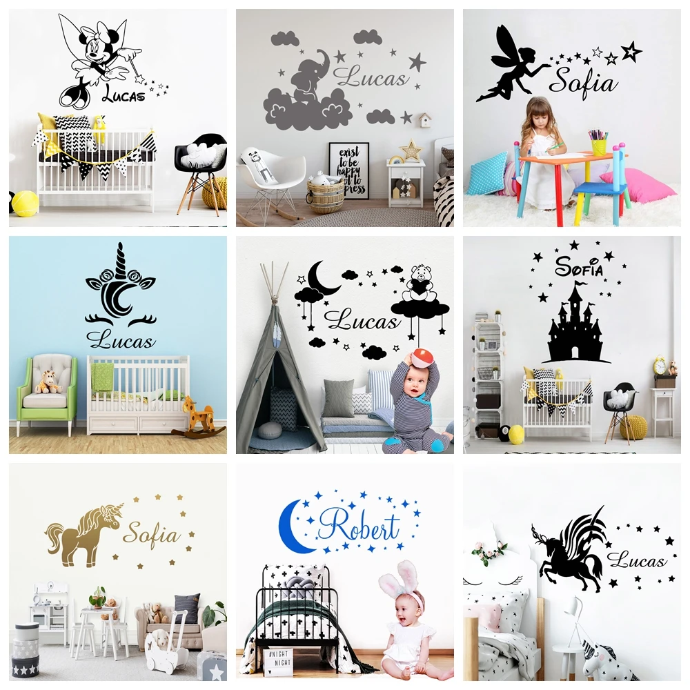 Personalized Stickers Unicorn Decal For Kids Room Decoration Wallpaper Poster Baby Mural Kawaii Custom Name Wall Sticker