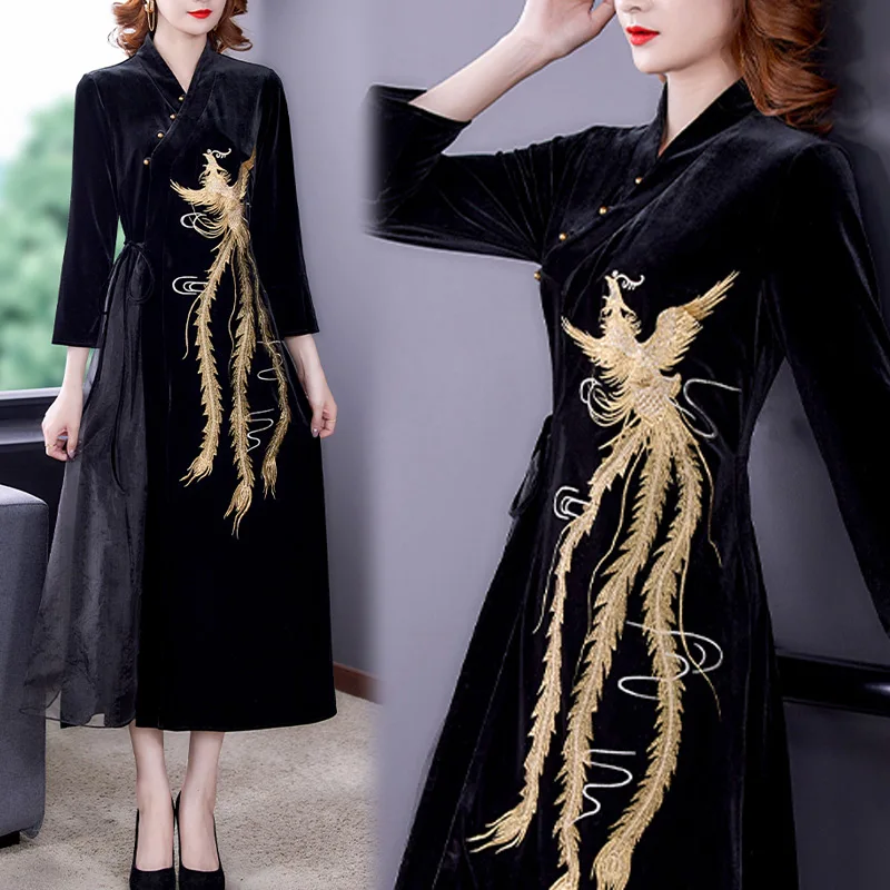 Chinese Style Elegant Gold Velvet Long Sleeve Black Vintage Dresses Phoenix Embroidery High Waist Winter Dress For Women 2021