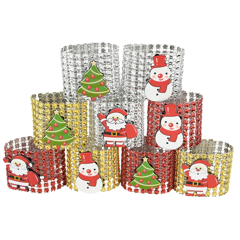 

10pcs Snowman Santa Claus Napkin Ring Christmas Curtain Buckle Diamond Mesh Roll Towel Napkin Holder Xmas Decoration Table Decor