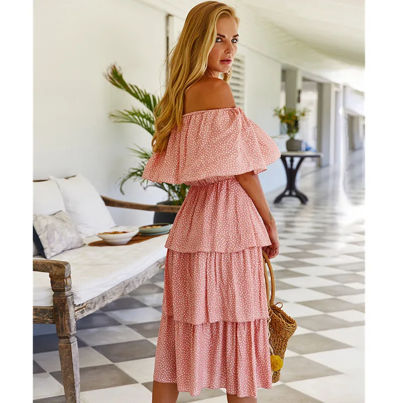 

Summer Beach Holiday Sexy Off Shoulder Dot Print Sleeveless Backless Slim A Line Mid-Calf Cake Dresses For Women Ladies Y015
