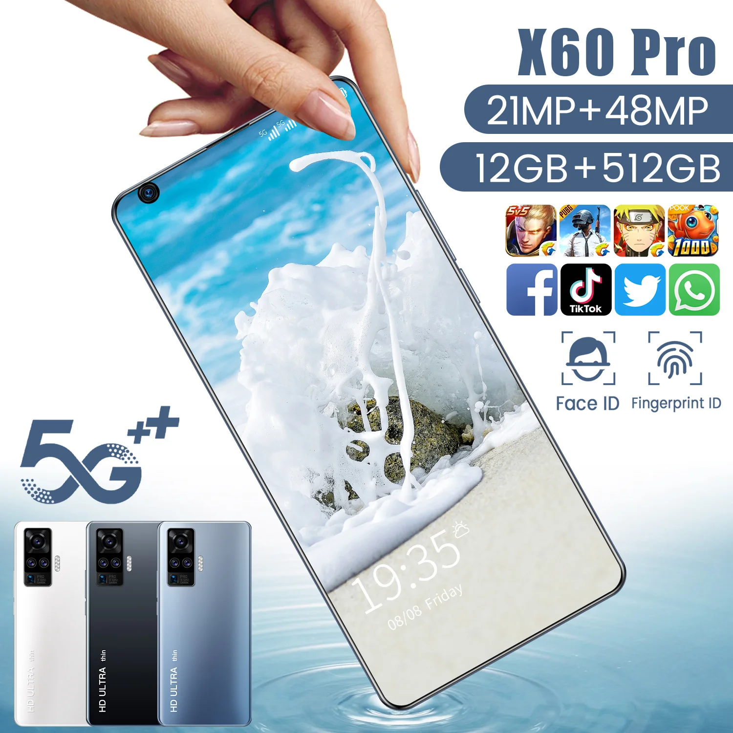 

New Arrival X60 Pro 7.5Inch Infinity-o Screen 5G Smartphone 21MP+48MP MTK6799 10Core 12+512GB Face ID 5600MAH Daul SIM Android10