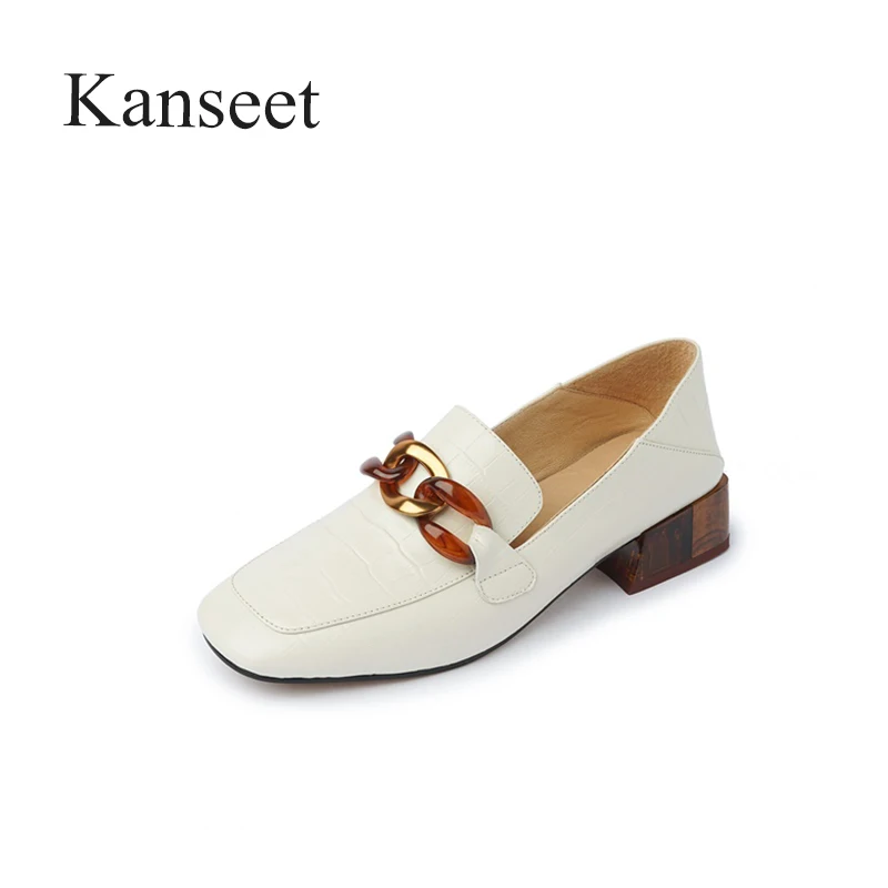 

Kanseet Mid Heels Women Pumps Genuine Leather Thick Heels Loafers Shoes Cow Leather Square Toe Shoes Ladies 2021 Spring Autumn