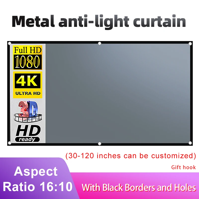 MIXITO-cortina antiluz para proyector, pantalla de proyección HD 3D portátil con borde negro y agujero, 16:10, 100, 84, 120 pulgadas