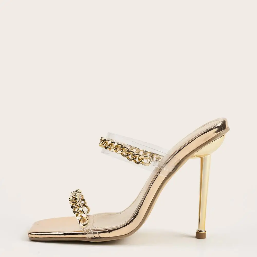 

Gold Slippers for Women Square Open Toe Transparent Shoes Thin High Heels Pumps Metal Chain Summer Party Slides Drop Ship