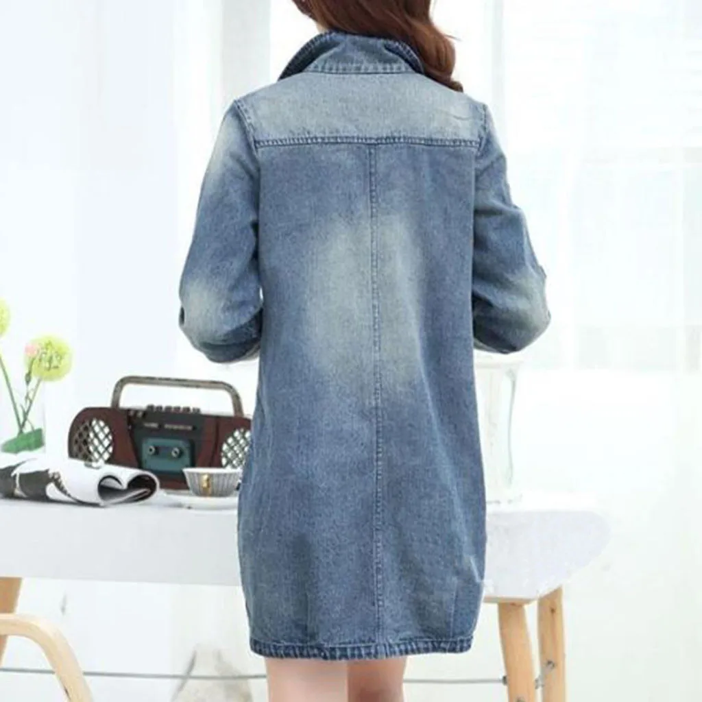Женская джинсовая куртка с длинным рукавом Повседневная Длинная из денима
