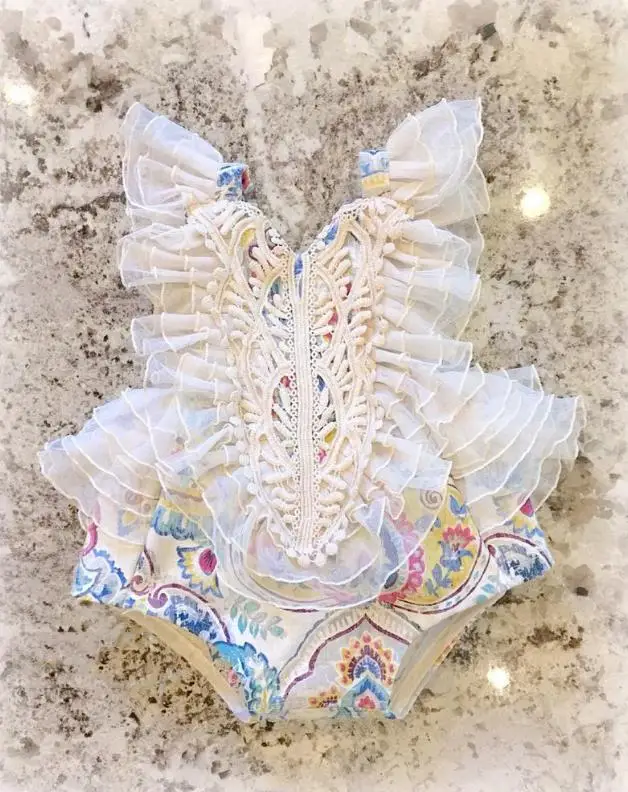 

Toddlers Baby Embroidery Printing Lace Bodysuits Infant Individual Sleeveless Multi-layer V-neck Princess Bodysuits Clothing