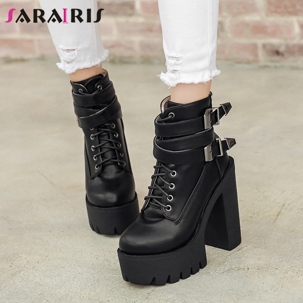 

SARAIRIS New Fashion Female Buckle Cross Tied Boots Ankle Boots Women Round Toe Platform Thick High Heels Zip Shoes Woman