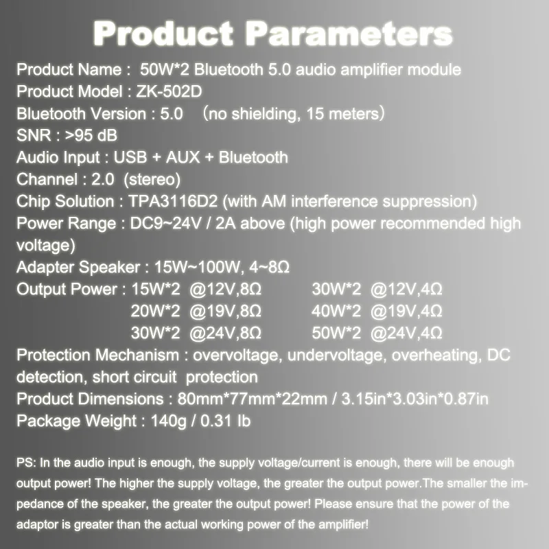 

TPA3116D 50WX2 Bluetooth 5.0 sound Amplifier Board Module 2.0 Two-channel Stereo class d amplifier board white volume control
