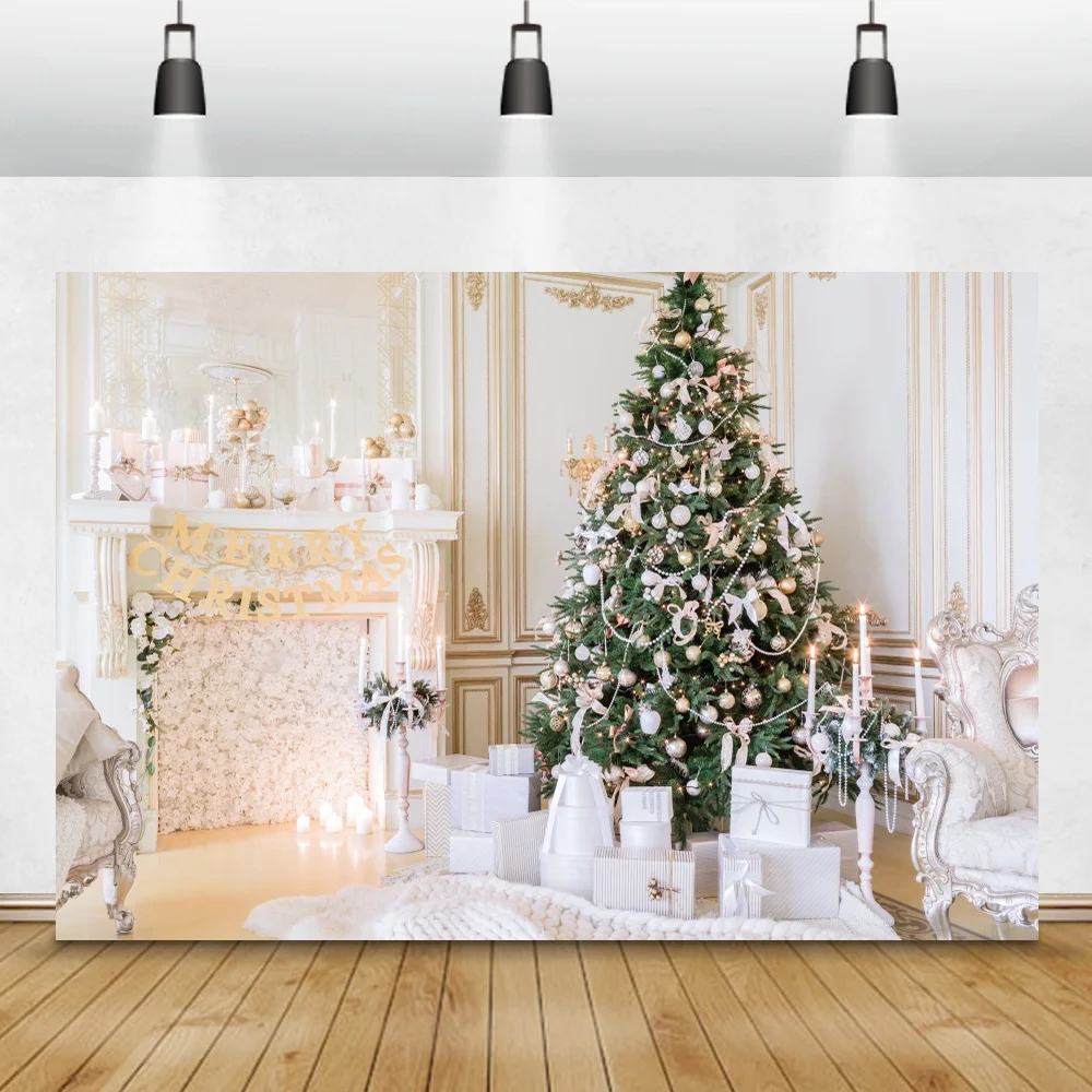 

Laeacco Christmas Backdrops Luxury Royal Party Tree Fireplace Gift Candle Chic Wall Baby Photography Background For Photo Studio