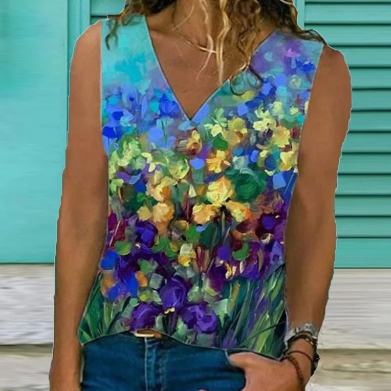 

2021 Summer Sexy Fashion V-Neck Sleeveless Blouse Women Shirts Elegant Retro Floral Print Tops Pullover Lady Casual Loose Blusa