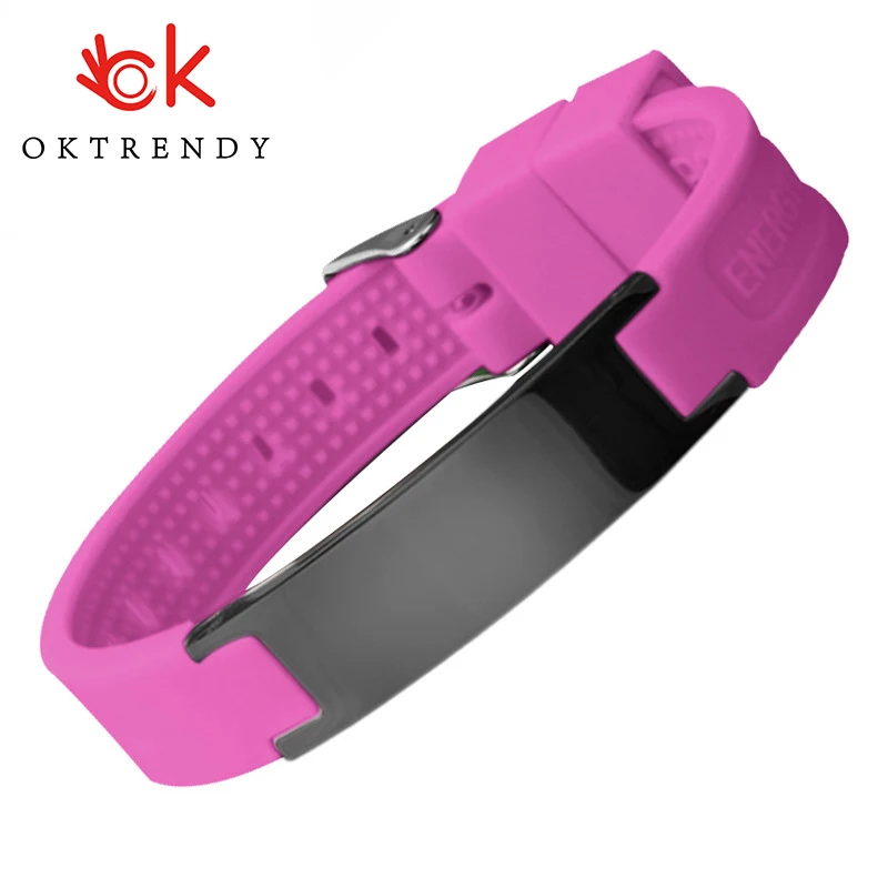 

OKtrendy Pink Stainless Steel Fitness Wristband Men's Women's Rubber Silicone Bracelet Magnetic Therapy Jewelry