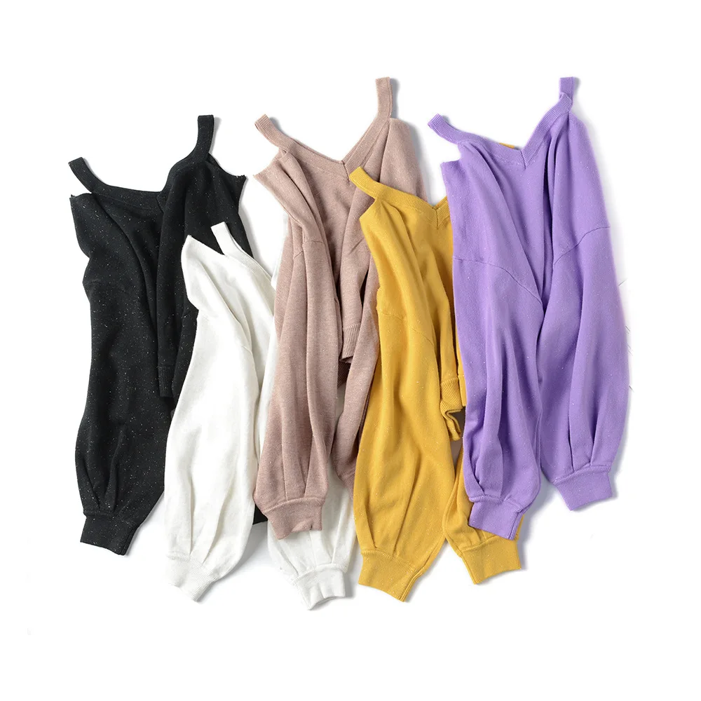 

Fannic 2020 Fashion Shoulder-Baring V-neck Solid Color Knitted Loose Lantern Sleeve Sweater Female