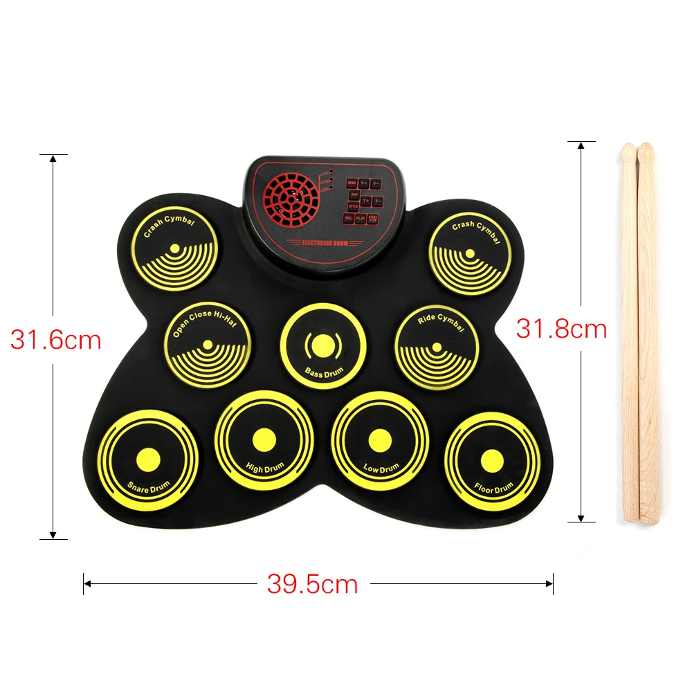 

Portable Electronic Drum Set USB Roll Up Drum Pad Kit 9 Drumpads Built-in Speaker with Drumsticks and Foot Pedals Digital