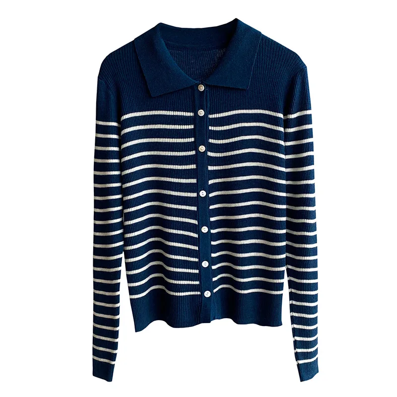 

HXJJP Striped Long-sleeved Knitted Sweater Cardigan Women 2021 Autumn Crash Color POLO Collar Retro Loose T-shirt Top YL856