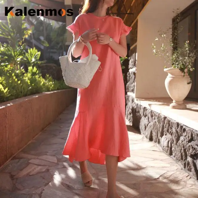 

Длинное платье для женщин, повседневные платья размера плюс, элегантные платья с коротким Расклешенным рукавом, лоскутные оборки, большой п...