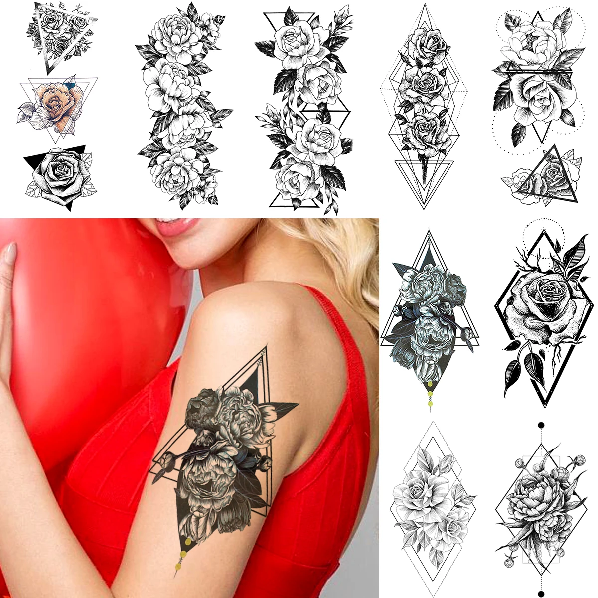 Cool Geometric Triangle Flower Arm Tattoo Temporary Rose Floral Bloosom Sticker For Women Body Art Fake Tatoo On Back Leg | Красота и