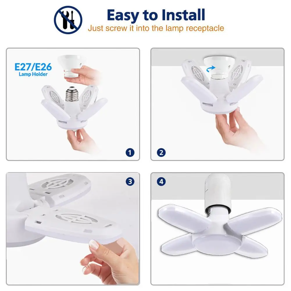 

38W Mini Folding Fan Light Bulb E26 / E27 85-265V Cool White LED Garage Light Deformation Light for Household Warehouse