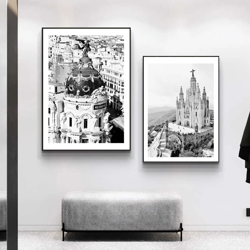 Винтажный винтажный городской постер черного цвета в Мадридском стиле пейзаж