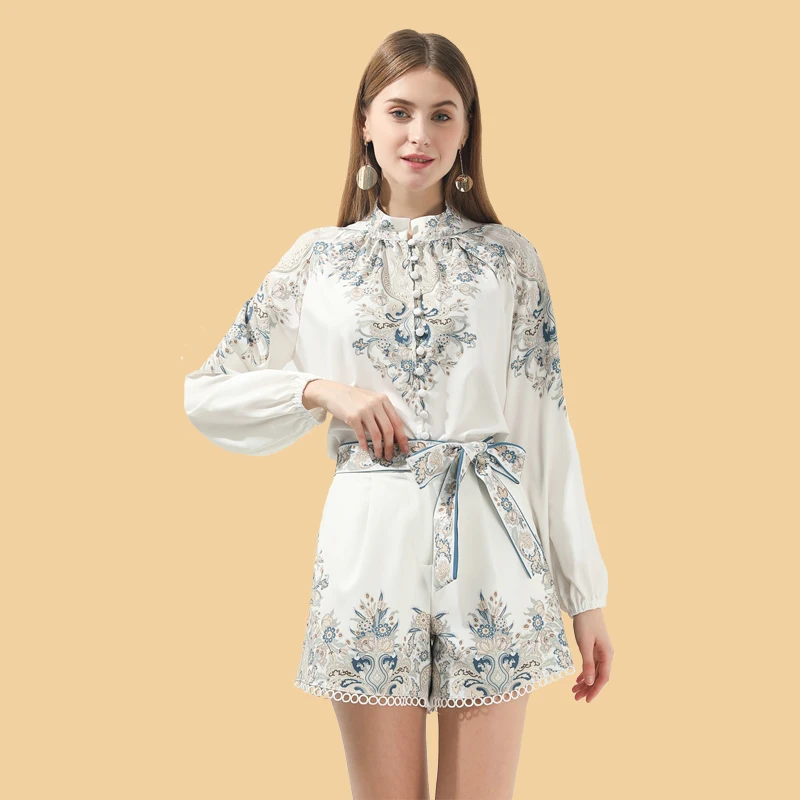 Designer Spring-Summer 2020 Women's 2-Piece set Stand collar Print Long Sleeve Buttons Blouse top + Shorts Belt Two-Piece |