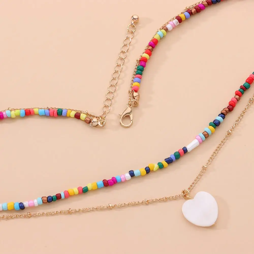 

Boho Chic Boutique NeckLace Colorful Beaded Chain Heart Pendant On Neck Jewery Bohemian Beach Wear Accessories