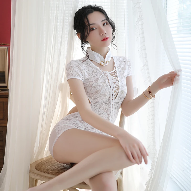 

Vintage Nightgowns Sexy Lingerie Female Lace Cheongsam Sleepwear Women Short Slim Night Gown Hollow Nightdress + Panties Size ML