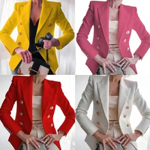 L5YC Women Vintage Blazer Jacket Double Breasted Solid Color Slim Fit Coat Notched Lapel Pocket Long
