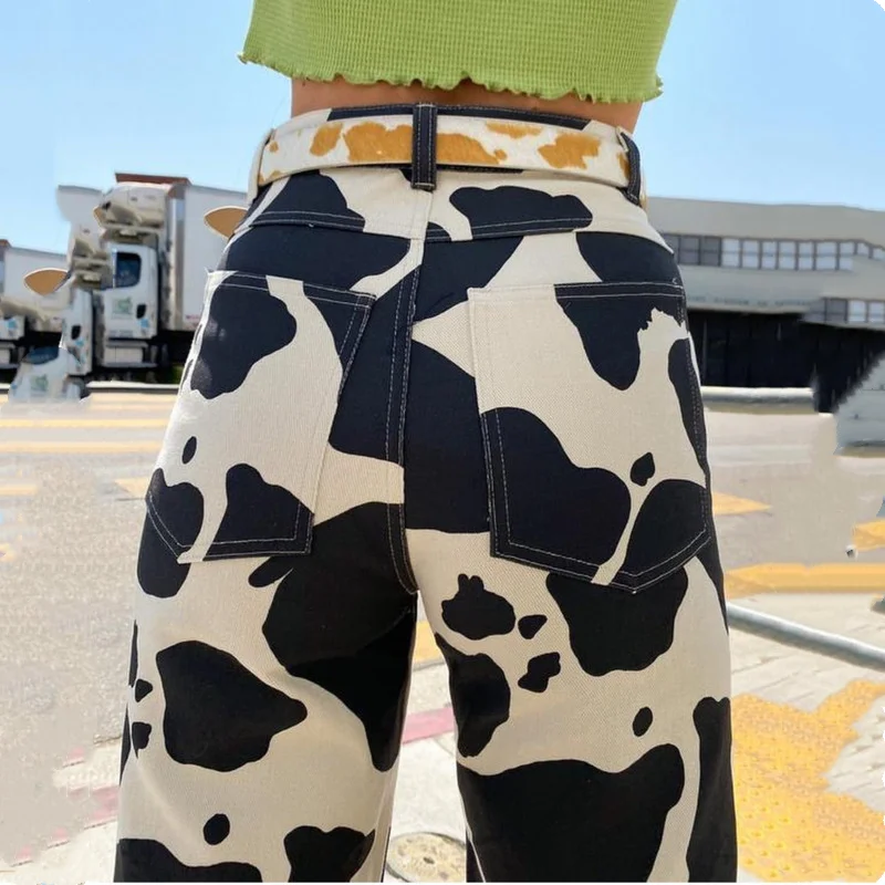 

Женские брюки с коровьим принтом Y2K, модная уличная одежда, женские повседневные Прямые джинсы с высокой талией, женские брюки, длинные летн...