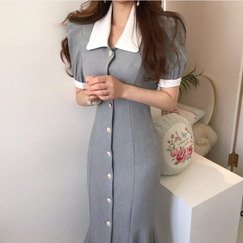 

Офисный шик для женщин в винтажном стиле; Сезон лето годе, юбка-рыбка средней длины из вечерние платье с буффами на рукавах, однобортное элег...