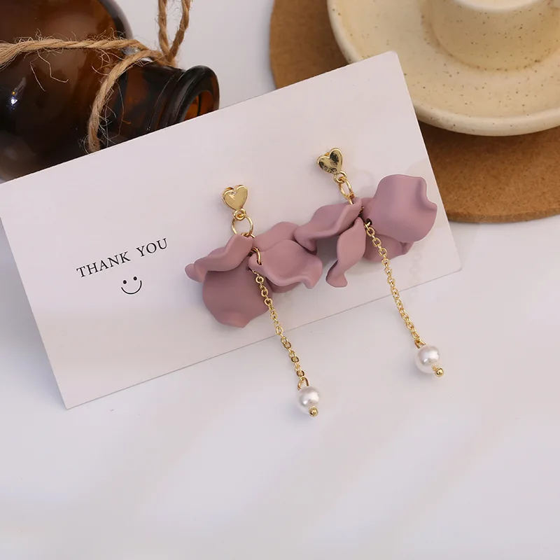 

Acrylic Flower Petals Simulated Pearls Tassel Long Chain Drop Earrings For Women Girl Engagement Handmade Charm Jewellery