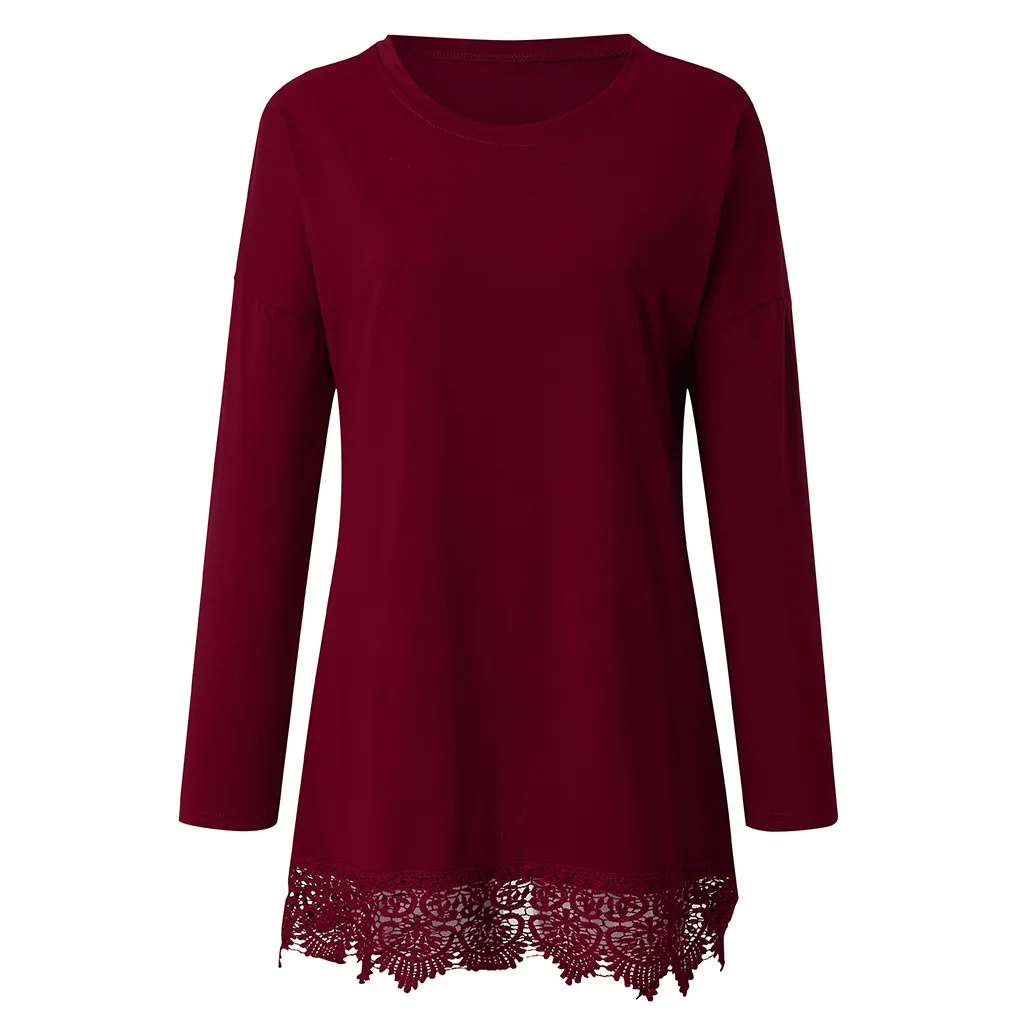 Женское платье туника с круглым вырезом длинным рукавом и кружевной