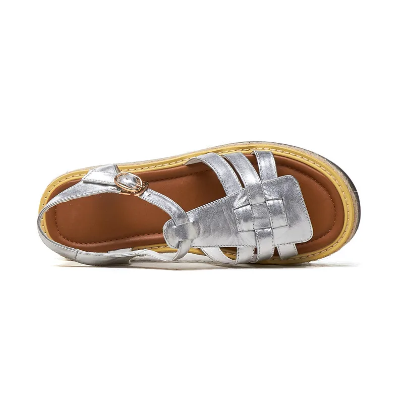 

Fanyuan Summer Fashion Concise Rome Round Toe Women Flats Solid Cow Leather Buckle Women Sandals Party Office Shoes