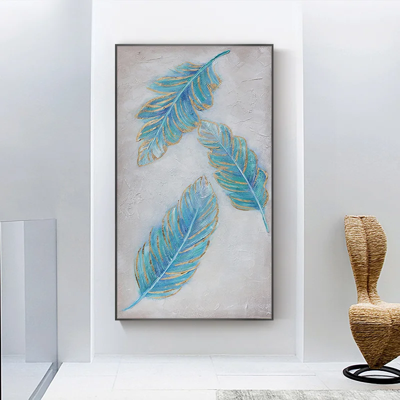

Hand-painted Oil Gold Feather Light Luxury Modern Abstract Decorative Painting Vertical Version Of The Nordic Entrance Hallway M