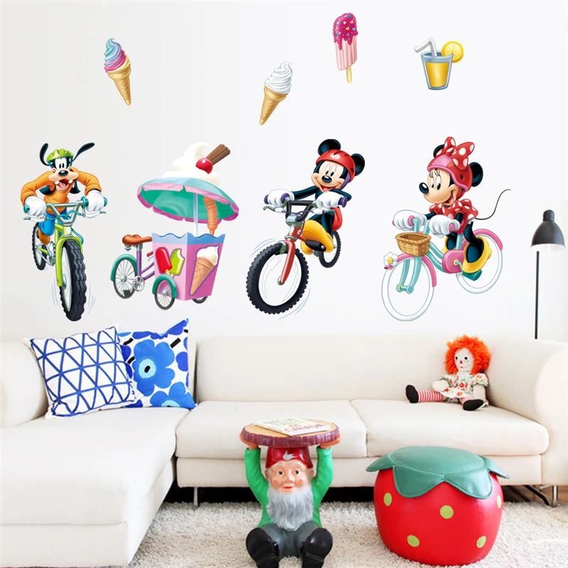 

Cartoon Mickey Minnie Goofy Ride Bicycle Wall Stickers Bedroom Home Decor Disney Wall Decals Pvc Mural Art Diy Posters