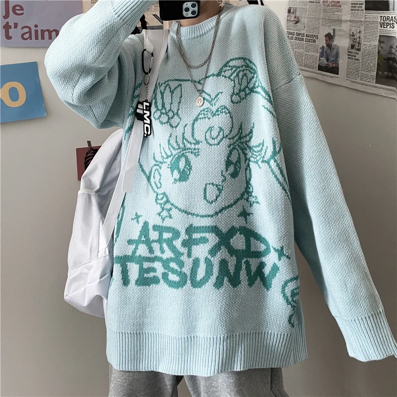 Милый мультяшный вязаный свитер, Зимний новый корейский y2k Harajuku японский аниме Повседневный женский свободный свитер в стиле панк Ulzzang Kawaii