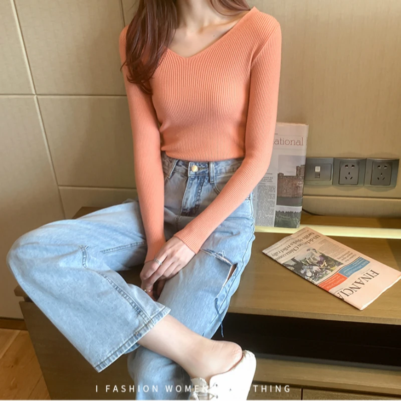 

Woman Fall Sweaters 2020 Korean Style Fashion Slim Knitted Sweater Long Sleeve V-neck Jumper Women Pullover Knitwear Tops Autumn