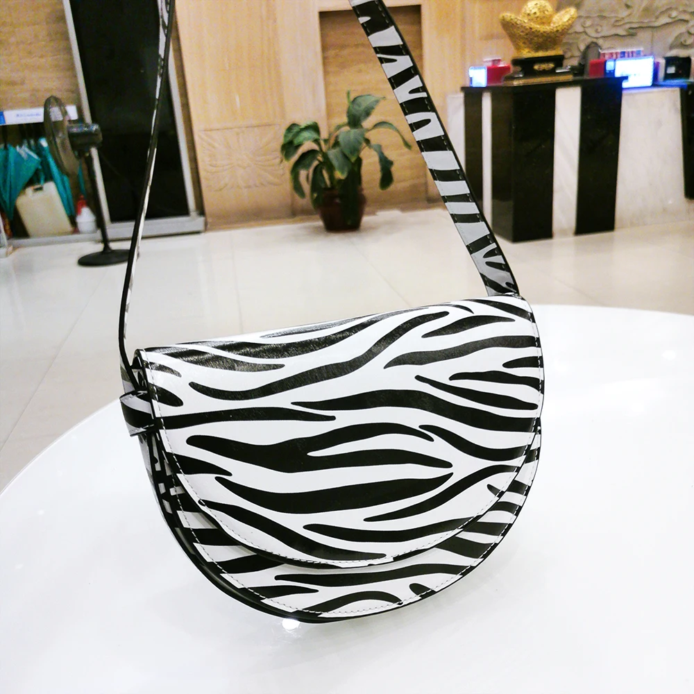 

Zebra Pattern Half Moon Shoulder Bag Women New Elegant Crocodile Pattern Saddle Handbag Female Fashion Purse High Quality
