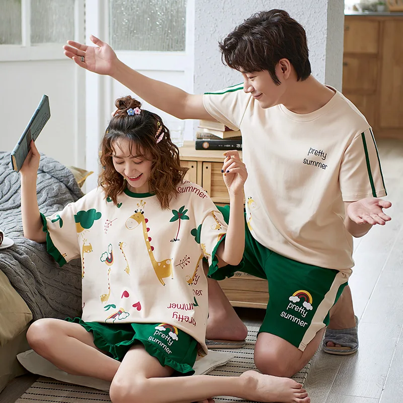 

Couples Pajamas Girls Korean Cute Students Ins Can Go Out Leisure Suits Men's Cotton Short-Sleeved Home Service Women In Summer