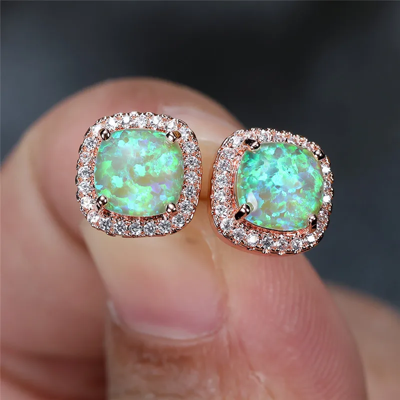 Серьги-гвоздики женские розовое золото серебро с радужным опалом | Украшения и