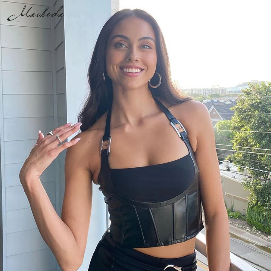 

Женский укороченный топ из искусственной кожи Macheda, черный облегающий Повседневный однотонный топ без рукавов с лямкой на шее, осень 2019