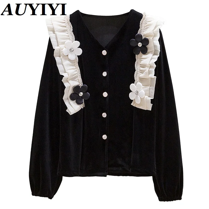 

AUYIYI Shirt Women's Korean Version 2022 New Design Sense V-Neck Lotus Leaf Edge Contrast Color Outer Wear Chic Long-Sleeved Cop