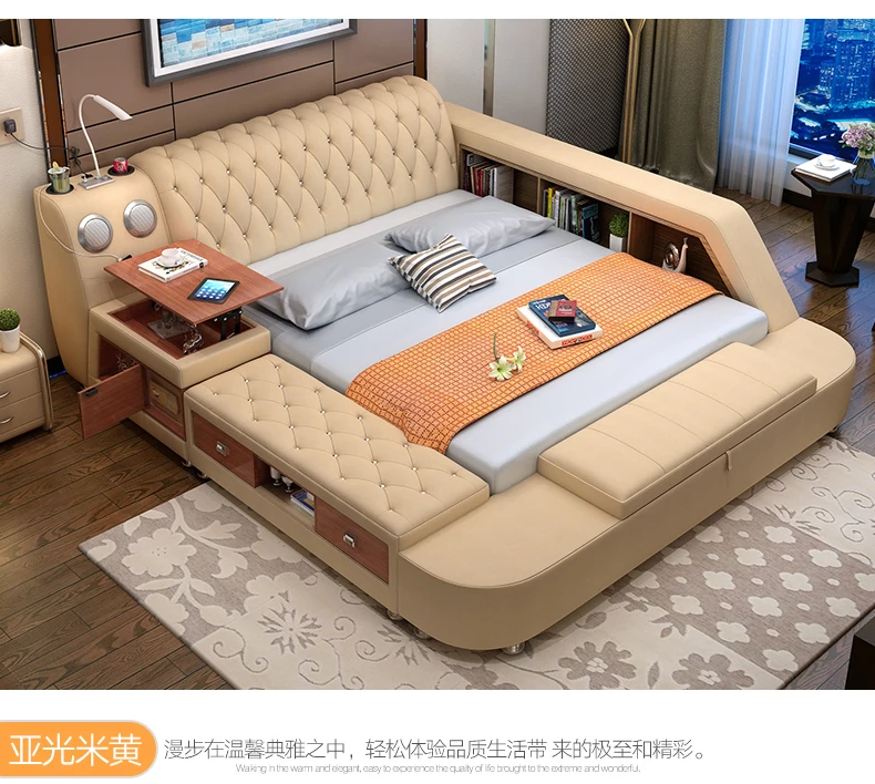 

Genuine leather bed with storage speaker LED light safe Modern Soft Beds Home Bedroom cama muebles de dormitorio camas quarto