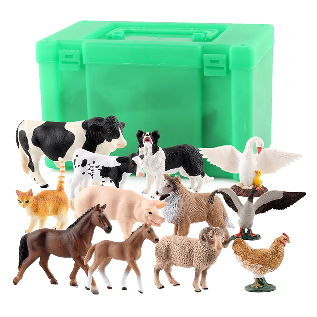 12 Pieces Simulation Farm Animal Model Plastic Action figure with Storage Base for Sandtables Home Decor |