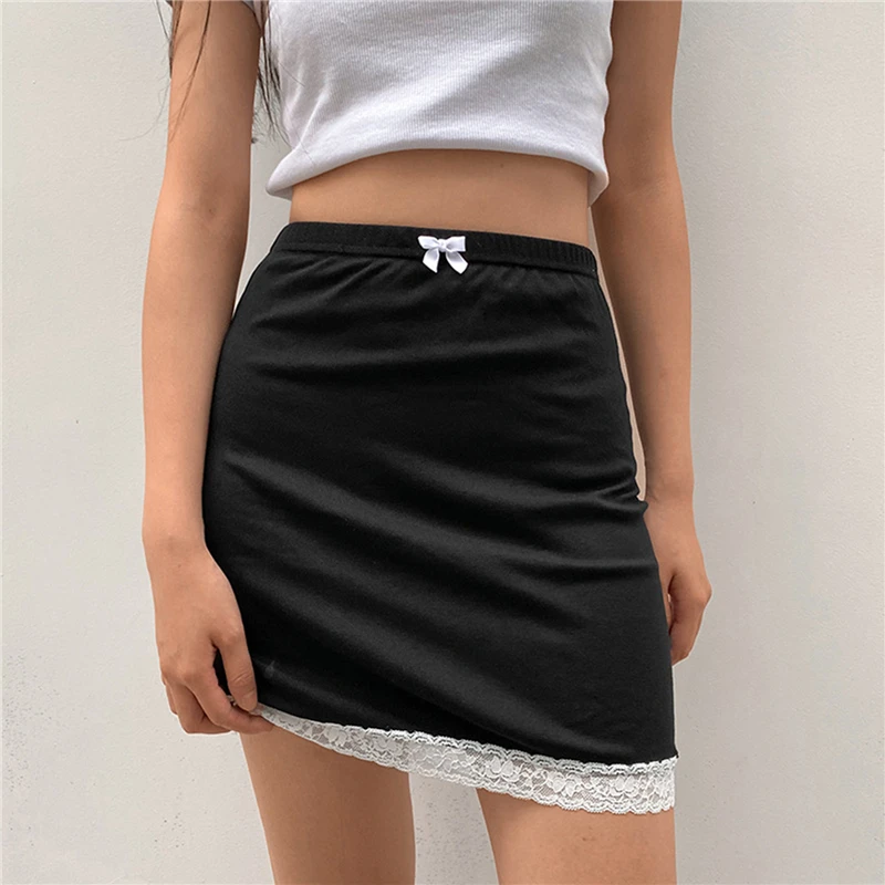 

Sweet Bow Lace Trim Black Skirts Aesthetics Solid Mid Waist Bodycon Short Skirt Clubwear Vintage Bottoms