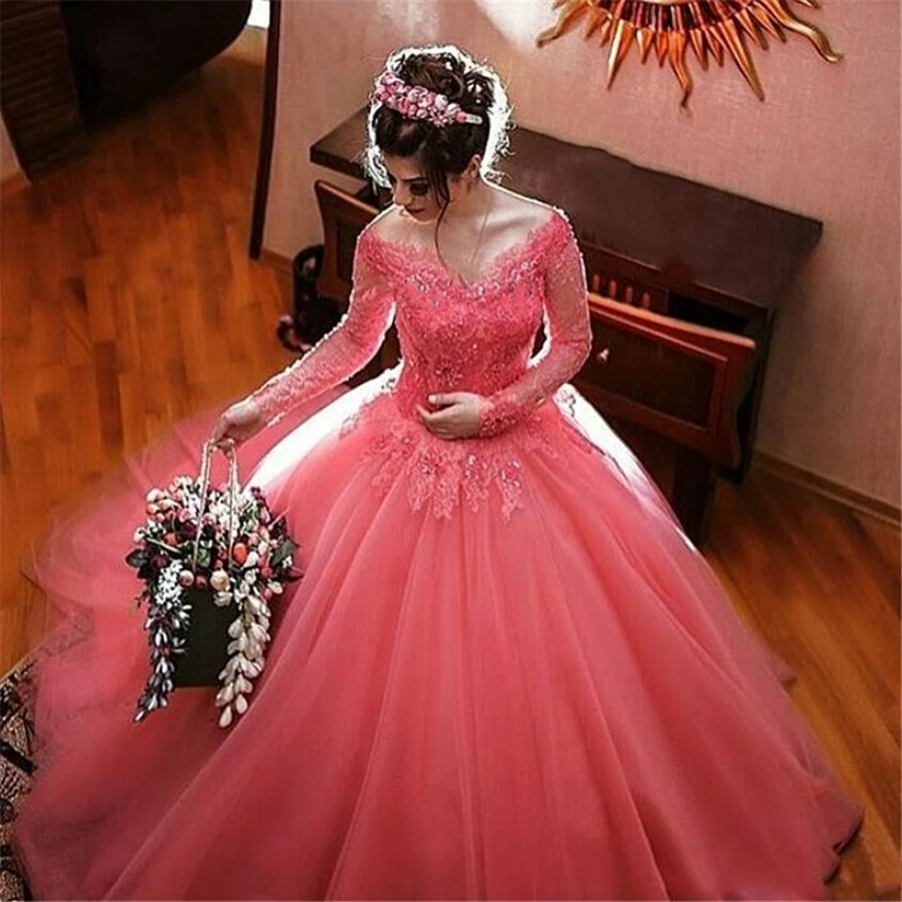 

Elegant Off the Shoulder Hot Pink Wedding Dress with Color Long Sleeve Lace Appliques Vintage Bride Dresses Beading Vestido De