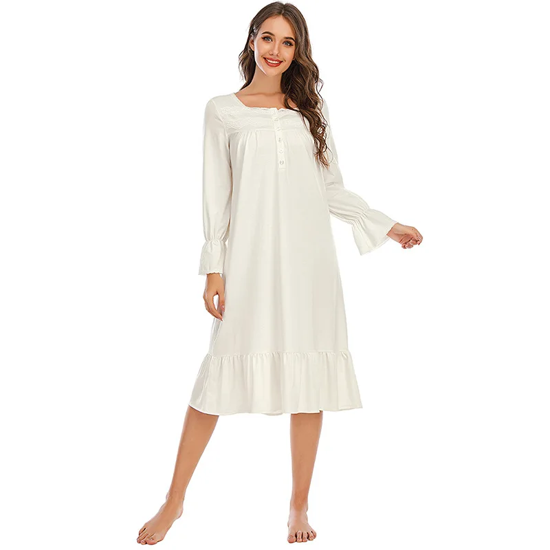 

Autumn and Winter Women's Nightdress Comfortable Casual Loose Long-sleeved Plus Size White Nightdress Home Service Sleep Tops