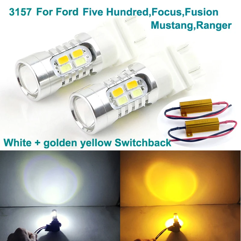 

For Ford Five Hundred Focus Fusion Mustang Ranger 3157 Dual Color Switchback LED DRL Parking front Turn Signal light Bulbs