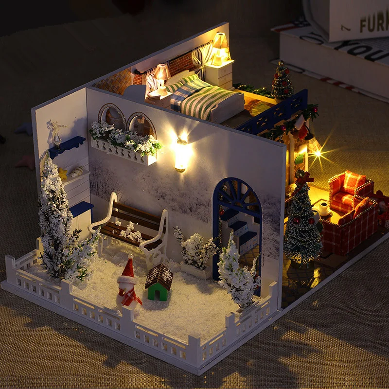 

Wooden Dollhouse Kits Blue Christmas DIY Dollhouse Miniature Doll House Furniture Children Gift Best Collection