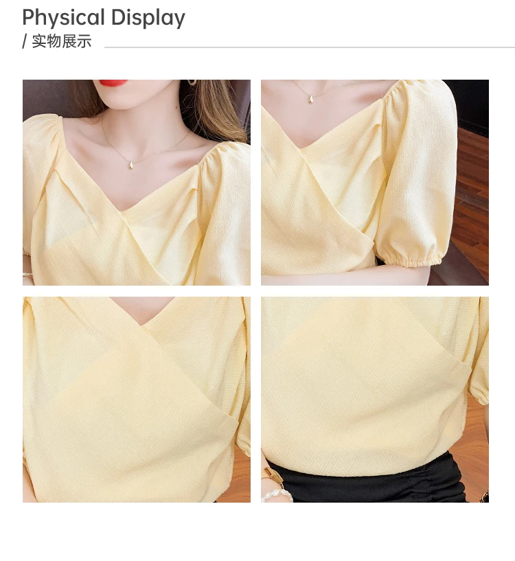 

Women's Blouse Lace Solid Color Chiffon Tops V-neck Shirt Fashion Top Casual Blouses Summer Puff Short Sleeves 10055