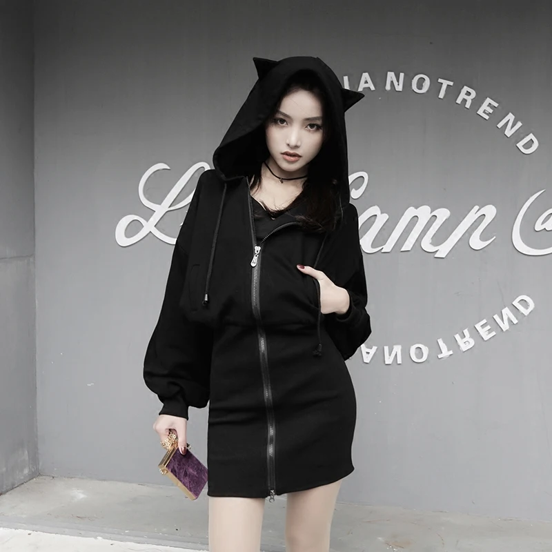

Women Black Punk Gothic Hoodies Hoody Ladies Zip-up Autumn Cute Ear Cat Hoodies Kawaii Hoodie Harajuku Long Sweatshirt
